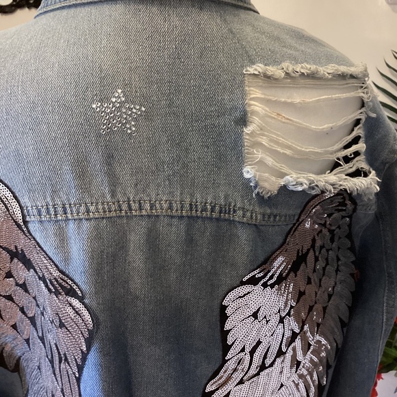 Distressed Denim Sequin Angel Jacket ( Size: XL) - Picture 6 of 7